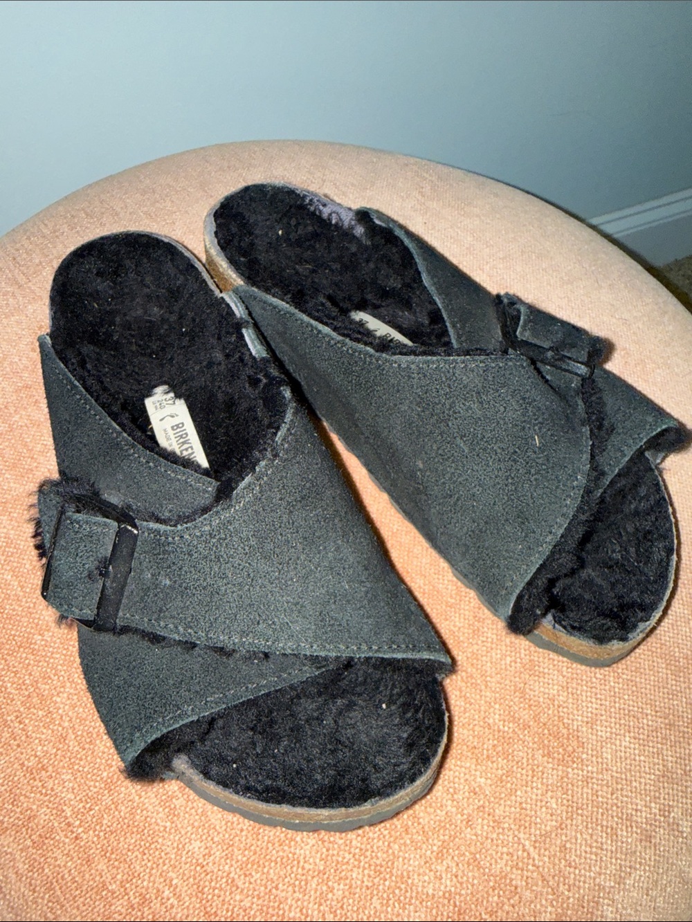 Birkenstock Black Suede Shearling Crossover Slide Mules
